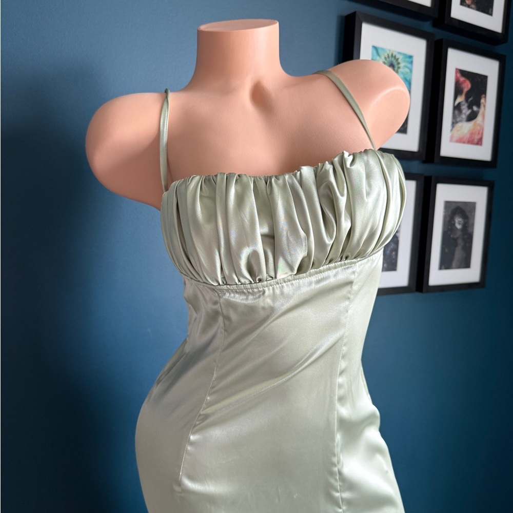 Sage Green Prom Dress with Ruched Neckline and High Slit